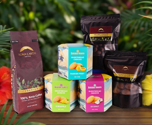 Kona Earth coffee bag alongside Hawaiian cookies and chocolates
