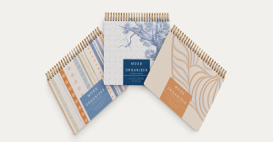 Open Mood Organizer showing daily wellbeing layout with mood tracker, flow blocks, and weekly reflections Glimmery Moments®