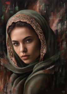 Capture No.7 by Ivan Pili, 2025. Hyperrealist female portrait with green fabric and lace, emerging through layered abstraction, anticipating the core concept of the TRANSITIONS series.