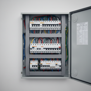 Neatly organized electrical breaker panel with labeled circuits.
