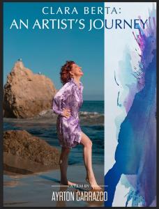 Poster image of Clara Berta standing near the water with a watercolor design overlay.