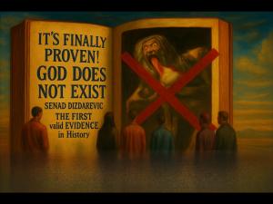 Open giant book shows a title It's Finally PROVEN God Does NOT Exist by Senad Dizdarevic and and on the other page crossed-out religious painting Saturn Devouring his Son by Francisco Goya.