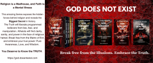 Four book covers of God Does NOT Exist series by Senad Dizdarevic on red textured background with text Break free from the Illusions Embrace the Truth.