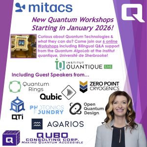 Mitacs-Qubo Workshop announcement with quantum company collaborator logos, headshot of presenter (Katanya Kuntz), Qubo & Mitacs logos, picture of a quantum technology device