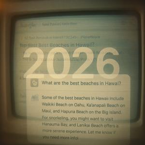 CRT monitor in Holga film style showing the transition from traditional search results to AI chatbot interface. Faded search results for 'best beaches in Hawaii' dissolve into a sharp conversational AI response about Waikiki, Ka'anapali, and Hapuna beache