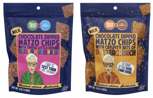 Milk chocolate–dipped matzo chips with rainbow sprinkles and buttercrunch topping, displayed side by side.