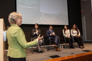 Dr. Sarah Morgan (left) of Lone Star College–CyFair moderates a student panel with participants from Lone Star College–CyFair and Rice University, including Alexander H. Garcia (third from left)