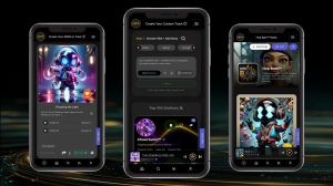 HitZERØ, a pioneering force in AI music technology, proudly announces the global launch of its innovative platform, setting a new standard in music creation and licensing Three mobile screens showing HitZERO’s futuristic music app with vibrant character art, custom track creation, top stations, and radio features. The interface highlights performance sound tools powered by sonic intelligence and intention-based audio.