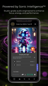 HitZERØ Revolutionizes Music Creation: Launches AI Platform — 100% Royalty-Free 10 Mobile screen showing HitZERO’s music app with a futuristic glowing character and track titled ‘Grasping the Light.’ The header reads ‘Powered by Sonic Intelligence,’ highlighting studio-grade intention-based audio engineered for focus, energy, and performance.