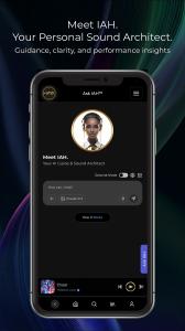 HitZERØ Revolutionizes Music Creation: Launches AI Platform — 100% Royalty-Free 11 Mobile screen showing HitZERO’s ‘Ask IAH’ interface with an AI sound architect avatar and tools for guidance, clarity, and performance insights. The header reads ‘Meet IAH. Your Personal Sound Architect,’ highlighting intelligent, intention-based audio support.