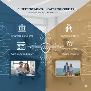 An infographic split into blue and gold sections showing icons for digital care, evidence-based therapy, relationship repair, privacy, and wellness, with photos of couples participating in therapy and walking outdoors.