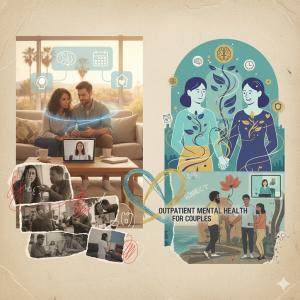 A collage featuring a couple in online therapy, illustrated partners holding hands with growth elements, and small vignette scenes of couples communicating and attending counseling, symbolizing outpatient mental health support for couples.