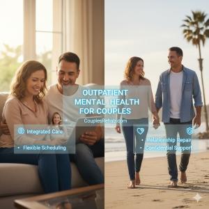 A couple sitting together on a couch reviewing therapy materials side-by-side with a couple walking on a beach, representing outpatient mental health services for couples, integrated care, and relationship repair.