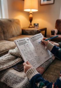 Close up of a child’s hands holding a pencil and completing a retro themed puzzle book on a couch, with a warm lamp and living room furniture in the background.