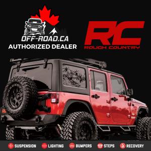 Rough Country authorized dealer banner featuring a red Jeep with suspension, lighting, bumper, steps, and recovery gear.