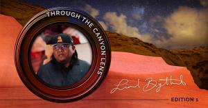 Circular lens-style graphic featuring Navajo photographer Lionel Bigthumb centered inside the frame, set against a backdrop of Antelope Canyon sandstone textures and a starry night sky.