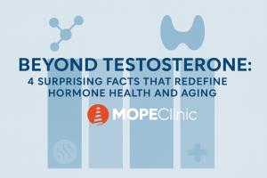 For decades, the public conversation around aging has centered on testosterone decline Graphic illustrating MOPE Clinic’s Beyond Testosterone findings, showing four hormone insights that explain how multiple systems influence healthy aging.