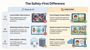 Infographic titled "The Science Behind the Story" comparing general reading research with the Mibooko method. It illustrates how the platform translates child development insights into a premium digital experience that fosters engagement and early literac