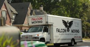 Falcon Moving truck parked at residential home in Atlanta during professional moving service