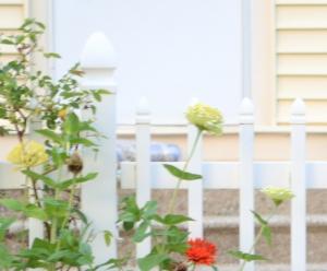 Vinyl gate next to flowers with a home in the background.