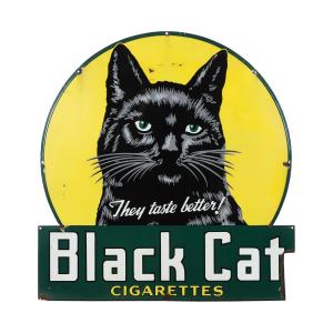 Canadian 1940s single-sided porcelain sign for Black Cat Cigarettes, regarded as one of the nicest-looking signs in Canadian advertising history, 50 inches by 48 inches (CA$11,210).