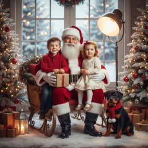 Santa sitting with a smiling boy, girl, and dog in a holiday-themed AI-generated portrait.