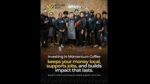Momentum Coffee, Chicago’s largest Black-owned coffee brand with four locations citywide, founded and led by husband-and-wife team Ms Group photo of Momentum Coffee staff in the South Loop café, highlighting the team behind the community-centered Chicago coffee brand.