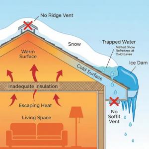 When winter hits Chicago, ice dams and icicles become a common concern for homeowners, even those who recently upgraded their attic insulation Diagram of roof ice dam caused by escaping heat, inadequate attic insulation, and lack of soffit and ridge vents.