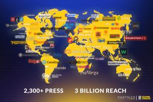 Partnier has highlighted their tool for press systems; Game A stylized yellow world map over a blue gradient background, covered with logos of gaming and technology press outlets from different regions. At the bottom, text reads “2,300+ Press” and “3 Billion Reach,” with the Partnier and Game.Press logos in the lo