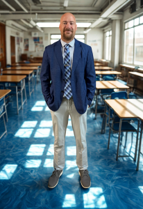 Full-body portrait of Jason Becker, founder of Elite Scholars Prep, standing in a classroom wearing a blue blazer and tie.