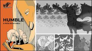 La animación HUMBLE muestra una fábula simbólica del rock: un monje ermitaño transformado en una pequeña araña que lucha contra moscas demoníacas lideradas por siete demonios, asistidos por animales y arcángeles, en una animación dibujada a mano sincronizada con música.
