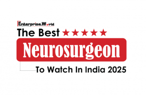 This official recognition badge from The Enterprise World honors Dr. Mohana Rao Patibandla, Founder and Chief Neurosurgeon of Dr. Rao’s Hospital, Guntur, as “The Best Neurosurgeon to Watch in India 2025.” The design features a bold red insignia with five