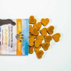 Earth Buddy offers a variety of hemp dog chews, including these pumpkin-flavored hemp hearts.
