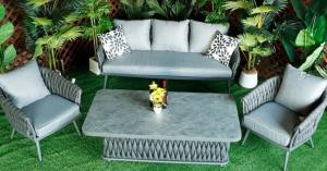 Garden furniture by Garden Furniture Hub Essex featuring aluminium garden furniture structure and rope garden furniture accents in a modern outdoor dining layout.