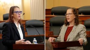Representatives LAURA FRIEDMAN (D-CA), left, and VAL HOYLE (D-OR) addressing House briefing on Iran on 16 December 2025
