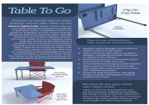 Lesa R. is the creator of the Table to Go, a clip-on tray table engineered to attach securely to a wide range of portable chairs, including collapsible chairs used at tailgates, picnics, beach outings, camping trips, and other outdoor events