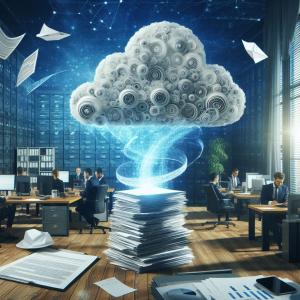 Image showing information being swirled from paper to Cloud and AI to reach high ROI