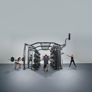 Life Fitness / Hammer Strength is pleased to introduce SYNRGY, a training system designed to adapt to any fitness environment Four exercisers, one at each station, using a multi-function training system to complete different exercises..