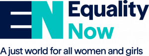 Equality Now logo for the Eurasian region. It says Equality Now, a just world for all women and girls. The logo is coloured navy and teal.