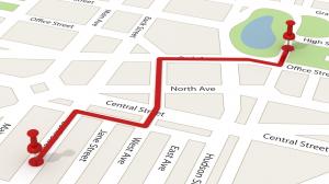 Pinpoints on a map from one location to another.