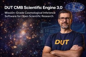 Conceptual illustration of a researcher using the DUT CMB Scientific Engine 3.0 to analyze cosmological data with deep-universe visuals in the background.