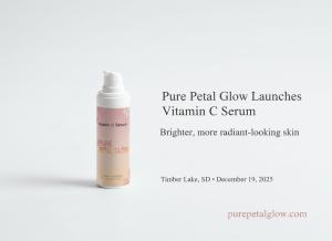 Minimal skincare press-release image showing a Pure Petal Glow Vitamin C Serum bottle on the left and launch announcement text on the right, with “purepetalglow.com” in the footer.