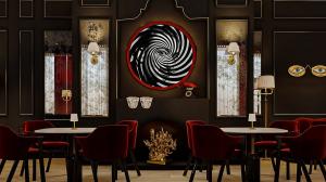 Maison Dali relaxed dining room featuring surrealist decor, red velvet seating, and architectural art installation