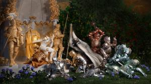 Muhju, the architect and artist behind the Renaissance 2 A digitally rendered artwork by Muhju showing armored figures in gold, silver, and bronze. Titled ‘Aurum Maledictum.’