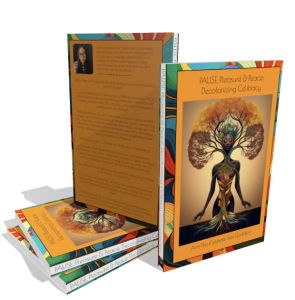 PAUSE Cover Image: A white background featuring four books with abstract multicolored covers and an orange rectangle outlined in black framing the text and images. Two books lie flat with their spines visible, while two stand upright—one showing the front