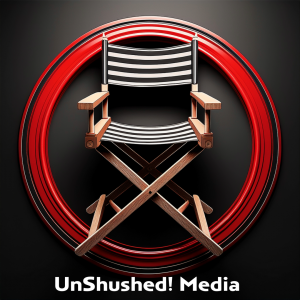 UnShushed Media Company logo featuring a black background with a brown wooden director’s chair. The chair has a bold black-and-white striped seat and backrest, centered inside a deep red circle. The words “UnShushed Media” appear in bold white lettering b