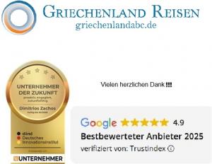 Warum verlässliche Reiseplanung heute mehr wert ist als der vermeintliche Schnäppchenurlaub 10 Logo von Griechenland Reisen mit Auszeichnungen: Preisgekrönt durch Ex-Wirtschaftsministerin Zypries und Google als bestbewertetes Unternehmen 2025