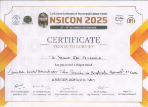 NSICON 2025 certificate awarded to Dr Mohana Rao Patibandla for presenting BrainPath-assisted parafascicular intraventricular tumor surgery series