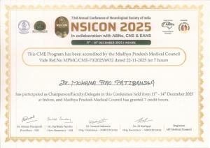 NSICON 2025 CME certificate showing Dr Mohana Rao Patibandla awarded 7 credit hours by Madhya Pradesh Medical Council