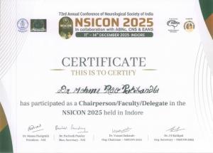 NSICON 2025 certificate showing Dr Mohana Rao Patibandla participated as Faculty at the conference in Indore